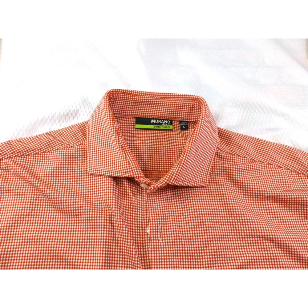 Murano Mens Slim Fit Orange & White Gingham Performance Shirt Size L - Picture 6 of 10